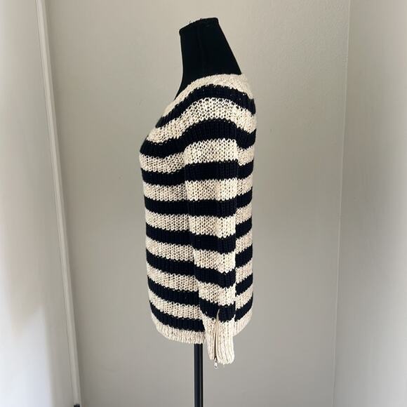 Ann Taylor Womens Stucco Knit Sweater Navy Winter White Stripe Cotton - S - Picture 3 of 10